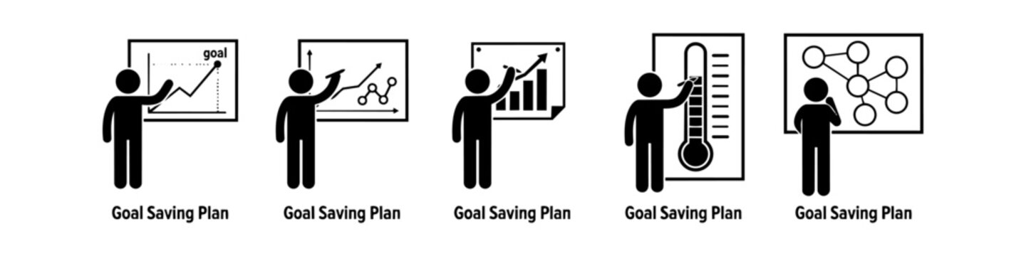 Set of stick figure icons illustrating various goal saving plans, featuring business graphs, progress charts, and network diagrams for financial planning and success.