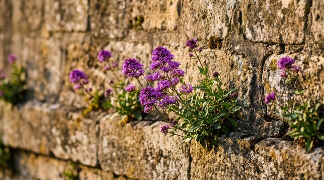 Close-up of vibrant purple flowers growing from a weathered stone wall, natures beauty.