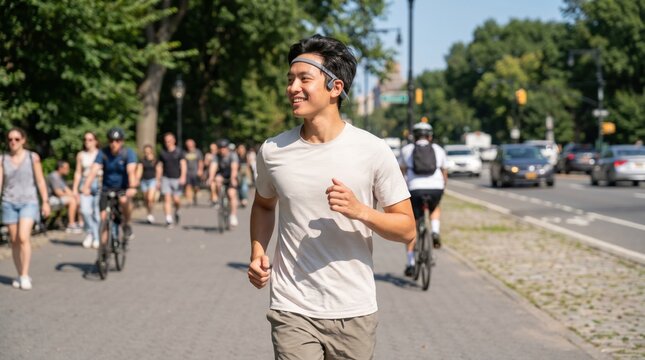 Smiling young man jogging in a sunny park wearing bone conduction headphones