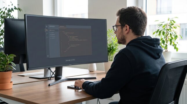 Programmer typing on a keyboard writing code on a large curved monitor in a bright office