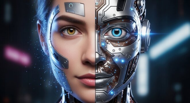 Woman half human half robot cyborg face futuristic