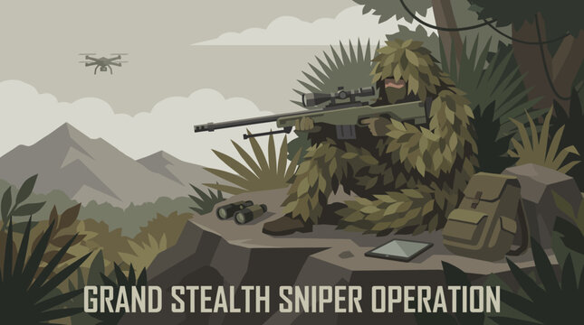 Sniper in camouflage gear aiming rifle.