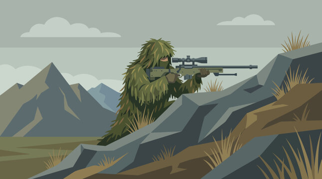 A green camouflaged sniper in mountains.