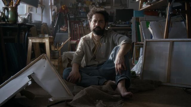 Portrait of depressed male painter sitting on floor among broken artworks in cluttered studio, looking at camera with deep sadness during emotional burnout or creative crisis