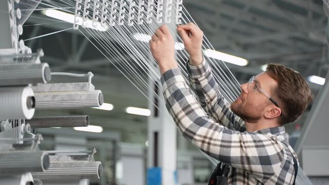 Textile factory worker operating industrial weaving loom machine