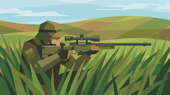Soldier aiming rifle in green field.