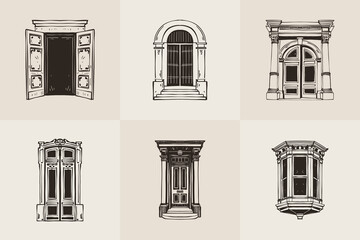 Fototapeta premium Vintage Architectural Door Illustrations Set — Hand Drawn Gothic Baroque Neoclassical Doorways