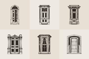Fototapeta premium Vintage Architectural Door Illustrations Set — Hand Drawn Gothic Baroque Neoclassical Doorways
