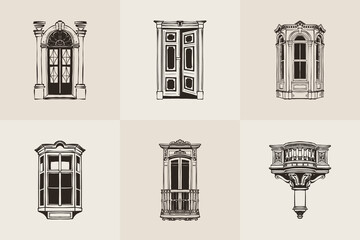Fototapeta premium Vintage Architectural Door Illustrations Set — Hand Drawn Gothic Baroque Neoclassical Doorways