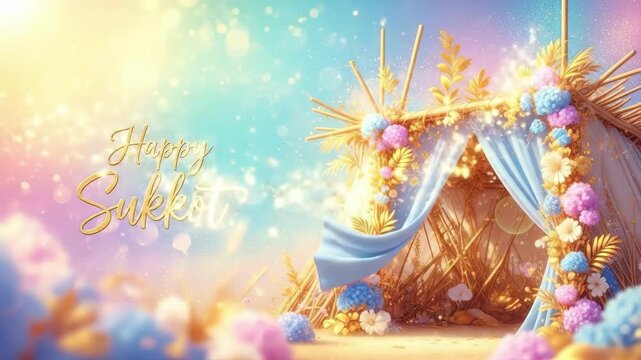 Festive sukkah hut decorated with colorful flowers wheat stalks and pom poms for Sukkot holiday celebration. Traditional Jewish festival booth with sparkling dreamy background and happy sukkot text