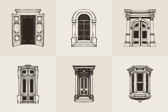 Vintage Architectural Door Illustrations Set &mdash; Hand Drawn Gothic Baroque Neoclassical Doorways