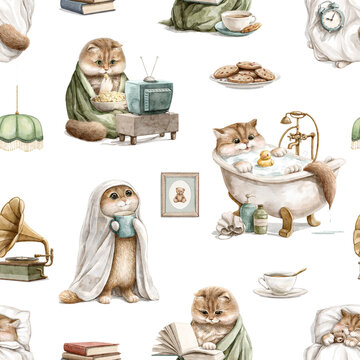 Watercolor seamless pattern with cute red funny cat and various items does household chores isolated on white background. Hand drawn illustration sketch