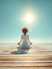 Fototapeta premium Back view of a woman in a white dress meditating in lotus pose on a wooden pier at the beach. Peaceful sunrise over the ocean, concept of mindfulness, wellness, and tranquility