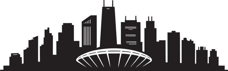 Modern city skyline with tall skyscrapers and stadium dome in silhouette with modern graphic design © MDSHOFIQUL