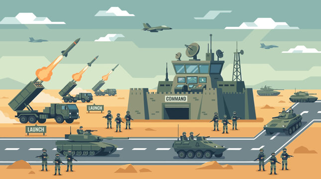 Military vehicles and personnel on desert road.