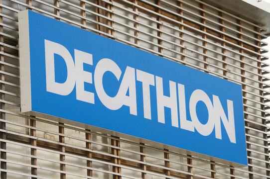 Decathlon store sign hanging on a building in Switzerland