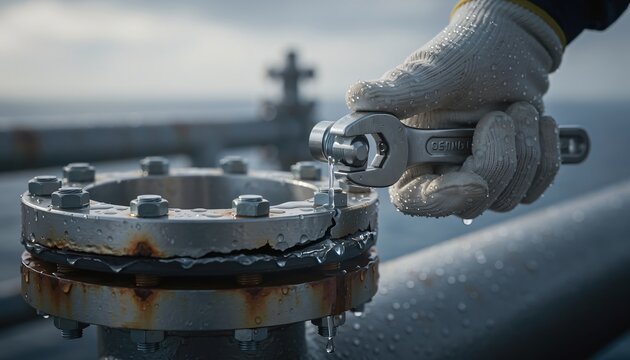 A gloved hand tightening a bolt on a rusty industrial pipe fitting.