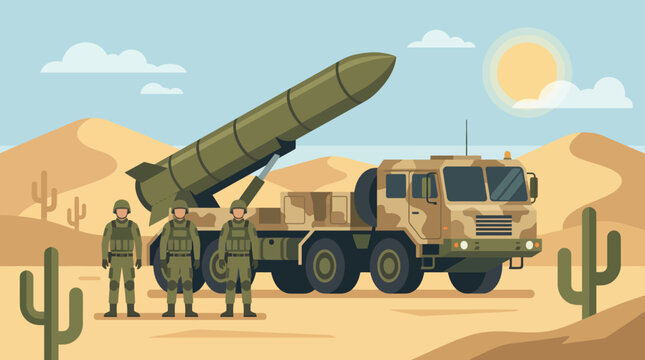 Military missile launcher in desert landscape.