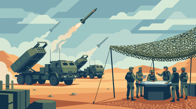Military personnel operating missile launch vehicles in desert.