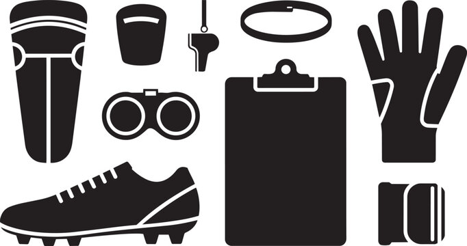 Soccer sport equipment icons set with cleats shin guards whistle and clipboard on white background