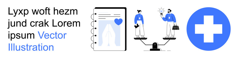 Obraz premium Healthcare, professional balance, collaboration, medical services, wellness, decision-making. Illustration features two professionals on scales, a health symbol and a document. Healthcare