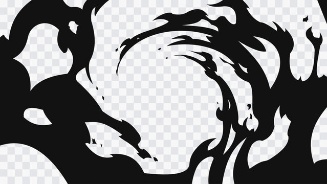 Abstract manga energy splash effect with flowing black shapes and dynamic motion composition isolated on transparent background. Dramatic anime style ink burst for action scenes, comic effects.