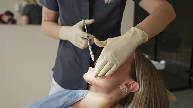 Female dentist administering anesthesia during dental procedure on patient in clinic. Concept of patient comfort and dental treatment.