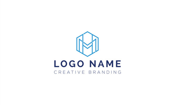 Hexagonal letter m logo design featuring interwoven blue lines, hexagonal