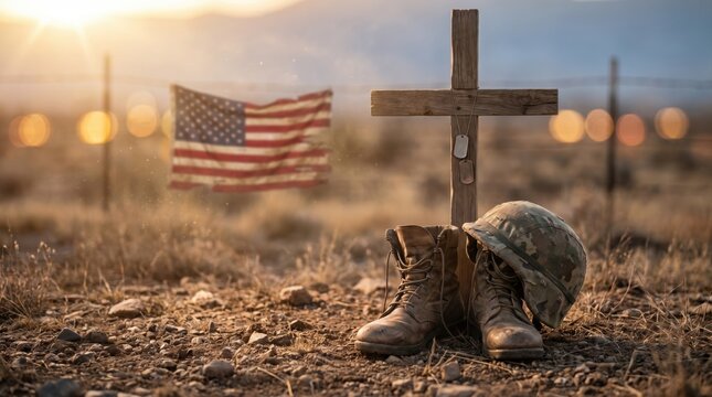 Military Combat Boots and Helmet at Wooden Cross with American Flag at Sunset Honoring Fallen Soldier