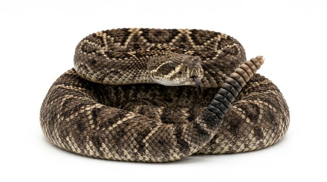 Coiled diamondback rattlesnake with patterned scales on a clean white background