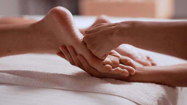 Two hands are shown giving a foot massage in a wellness center. The person receiving the massage is relaxing on a bed. This scene highlights relaxation and care.