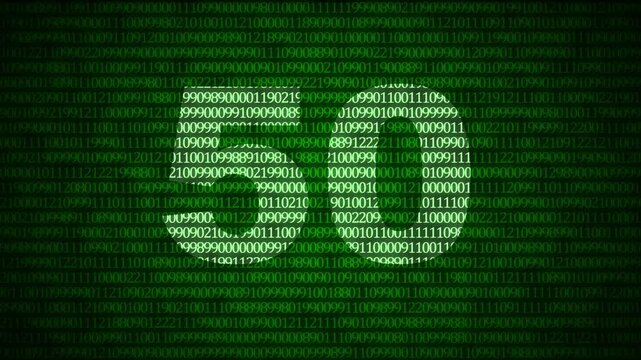 Digital number fifty technical animation featuring green matrix binary code background for futuristic data processing, cyber security, and high-tech countdown display.