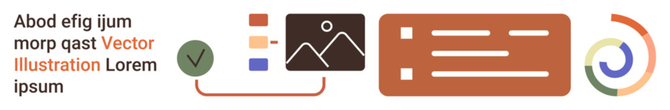 Web development, graphic design, digital tools, data organization, creative visualization, user testing. Illustrated icons with charts, checkboxes and text. Web development and graphic design