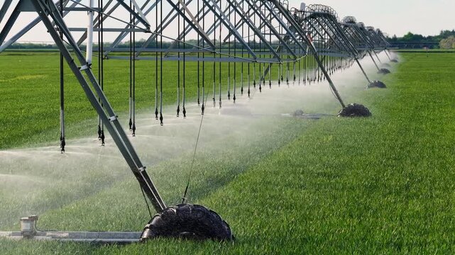 Drone shot of irrigation system watering agricultural wheat field helps to grow plants in the dry season, increases crop yields