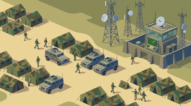 Military base with camouflage tents and vehicles.