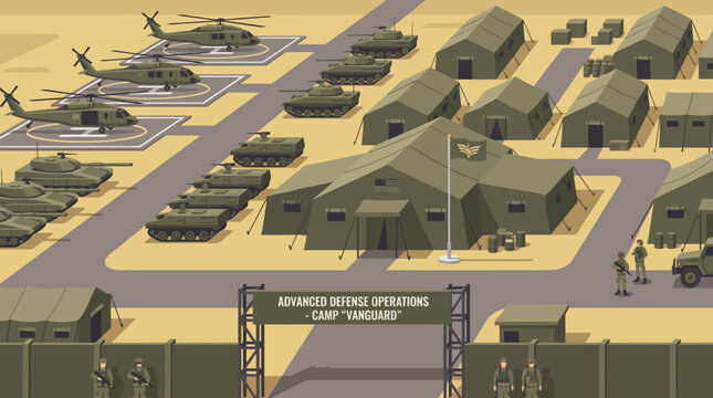Military base camp with tents and helicopters.