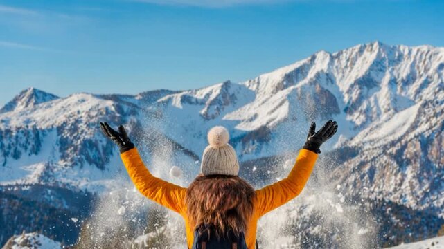 Young woman throwing snow in the air of winter in mountains.


