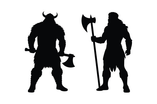 Viking warriors silhouette with axes and fur silhouette illustration medieval