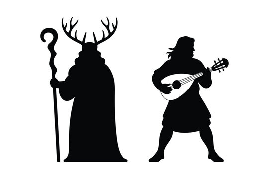 Fantasy silhouettes of a druid with antlers and a bard with lute, silhouette