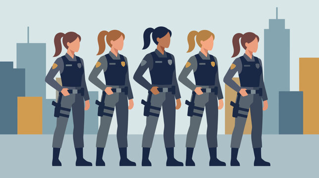 Illustration of diverse female police officers standing in front of city skyline.