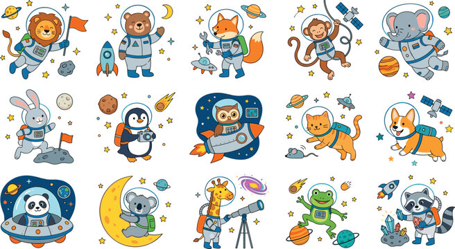 Cute Animal Astronauts Collection with Space Rockets Planets and Cartoon Galaxy Characters