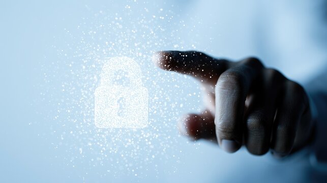 A fingertip interacts with a glowing digital padlock icon composed of light particles