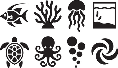 Sea life icons set including fish coral jellyfish turtle octopus and swirl in outline solid bubbles © MOHAMMAD