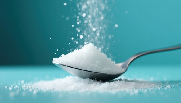 Spoonful of xylitol and erythritol sweeteners falls onto a pile. Granules pour from above against a soft blue gradient backdrop. Low calorie sugar substitute for baking.