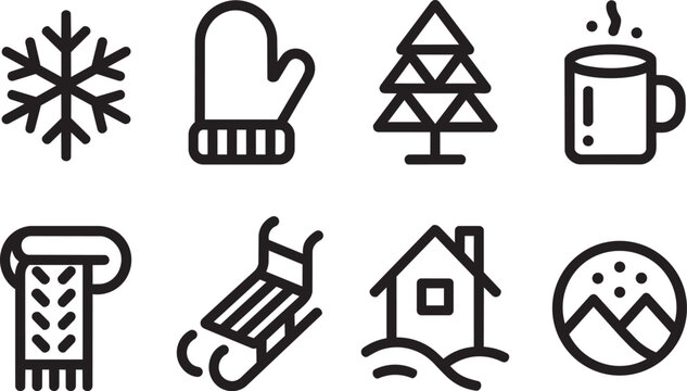 Winter holiday icons set with snowflake mitten tree mug scarf sled house and mountain in outline