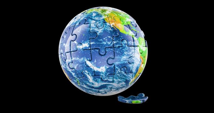 Puzzle Earth globe with missing piece rotation animation seamlessly loopable. 3D rendering isolated on transparent background