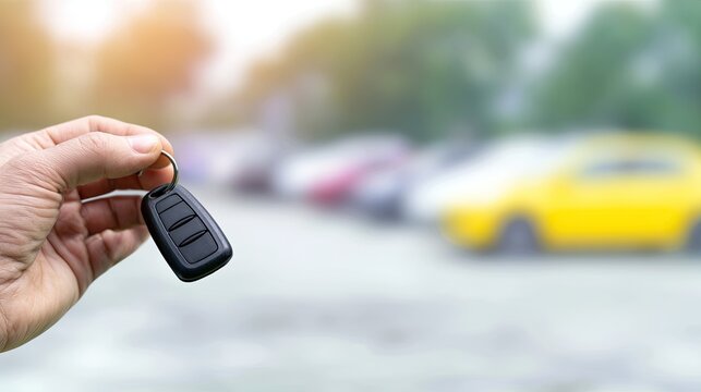 Hand holding car keys, blurred parking lot with cars in background