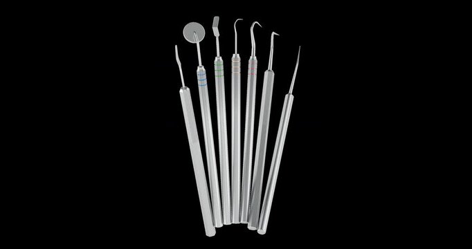 Dental instruments set rotation animation seamlessly loopable. 3D rendering isolated on transparent background