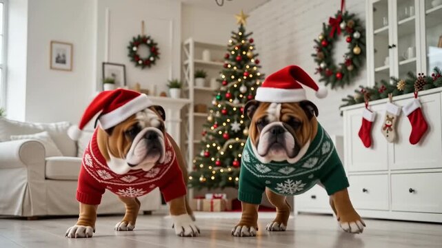 Bulldogs wearing Christmas sweaters and Santa hats dancing in living room. Pets in winter clothes celebrating holiday season