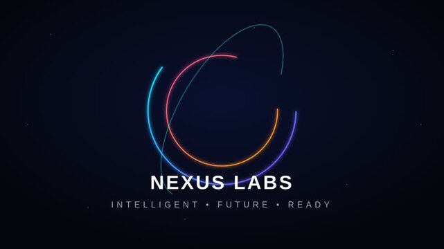 Futuristic Nexus Labs logo animation, intelligent future ready corporate branding, abstract circular motion graphics on dark background